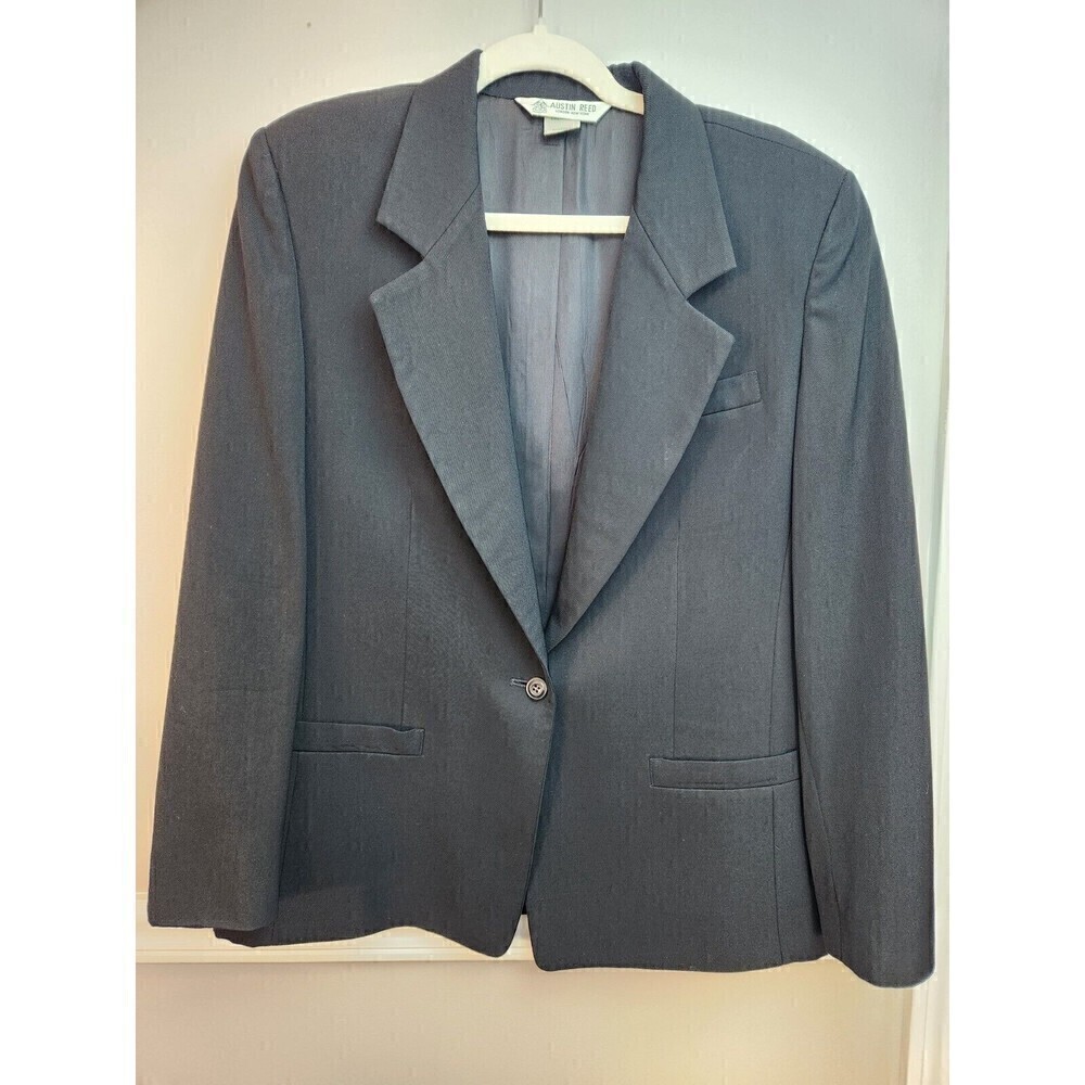 Austin Reed Womens Black Worsted Wool Blazer Sz 12 Lined One Button Some Wear - Picture 1 of 12